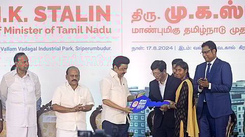 Chief Minister MK Stalin along with Dr Young Liu, Chairman Foxconn, during the inauguration of the mega industrial housing facility.