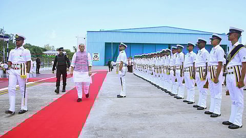 Union Defence Minister Rajnath Singh inspects a Guard of Honour by the Indian Coast Guard contingent upon his arrival in Chennai.