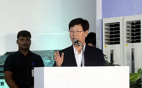 Dr Young Liu, Chairman Foxconn, spEAking at the inauguration of housing complex for women workers of Foxconn at Vallam Vad