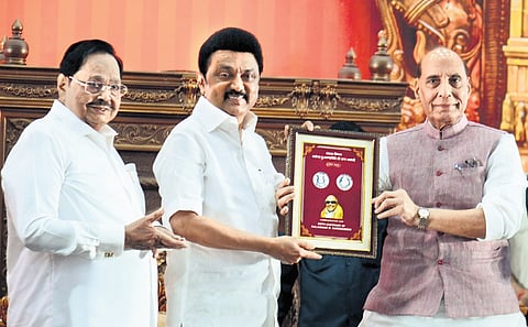 Union Minister Rajnath Singh releasing the commemorative Rs 100 coin at an event in Chennai on Sunday in the presence of CM Stalin