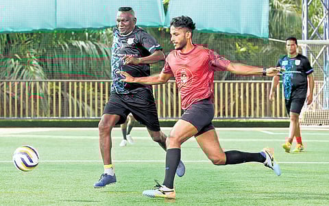 Former India captain I M Vijayan plays for Magic City FC against Gokulam Kerala during an exhibition match at Different Art Centre in Thiruvananthapuram