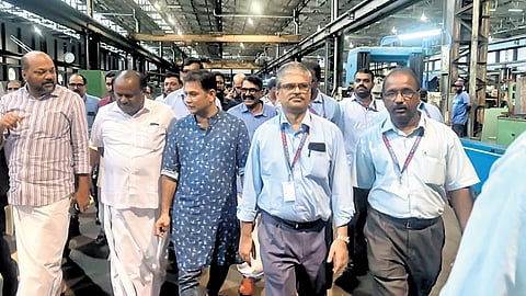 Union Minister H D Kumaraswamy at HMT Machine Tools Ltd plant on Monday. Industries Minister P Rajeeve, Ernakulam MP Hibi Eden and HMT officials are seen