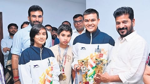 Pratibha and Vijay Raghavendra Rao Thakkadpally with CM A Revanth Reddy