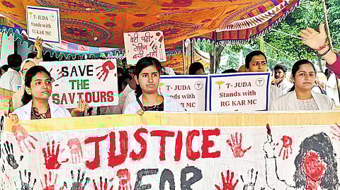 Telangana JUDA take part in a protest in Hyderabad seeking justice to the RG Kar Medical College crime in Kolkata