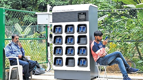 An EV charging station near the National College Metro station in Bengaluru. There are 4,462 charging stations in Bengaluru Urban alone.