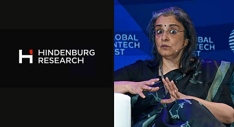 The Hindenburg logo (Left) . On the right, Securities and Exchange Board of India (SEBI) chairperson Madhabi Puri Buch seen speaking at the Global Fintech Fest (GFF), in Mumbai. (File Phote | ANI)