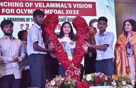 Manu Bhaker, the first female shooter from India to win an Olympic medal, being feted by Velammal Nexus at a function held in Chennai on Tuesday.