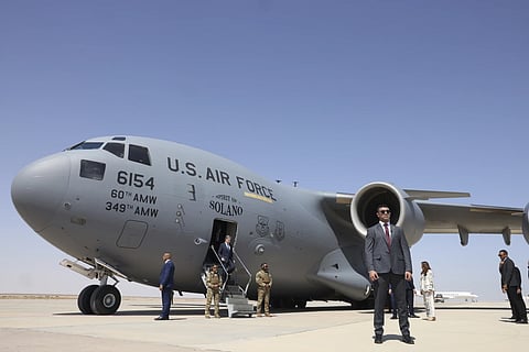 US Secretary of State Antony Blinken deboards an airplane on arrival, at El-Alamein, Egypt, Tuesday, Aug 20, 2024.