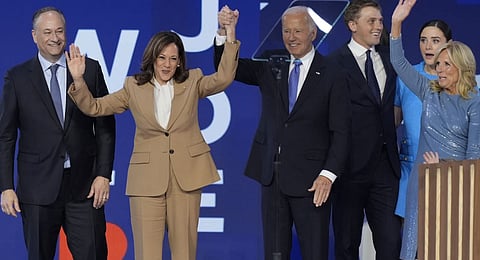 Democratic presidential nominee Vice President Kamala Harris and US President Joe Biden during the first day of Democratic National Convention, Monday Aug 19.