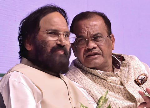 Ministers Uttam Kumar Reddy and Komatireddy Venkat Reddy during the Credai meeting at HICC in Hyderabad on Tuesday