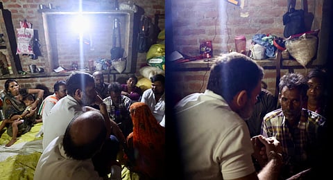 Leader of Opposition in Lok Sabha and Congress MP Rahul Gandhi meets the family of a Dalit man who was recently shot dead in Salon area, during his visit to Rae Bareli.