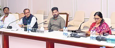 Chief Minister A Revanth Reddy at a review meeting with senior officials on the Regional Ring Road project at the Secretariat on Wednesday