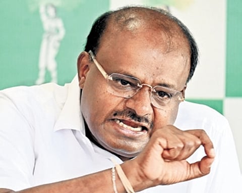 Union Minister for Steel and Heavy Industries HD Kumaraswamy addresses a press conference in Bengaluru on Wednesday