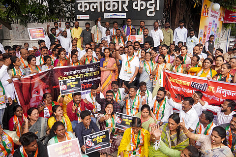 MVA ally NCP (SP) leader Supriya Sule and others during a protest over the Badlapur sexual abuse case, in Pune, Wednesday, Aug. 21, 2024.