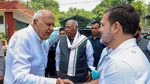 Congress leader Rahul Gandhi meets J&K National Conference President Farooq Abdullah, in Srinagar, Thursday, Aug. 22, 2024.