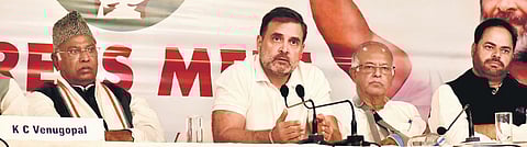 Rahul Gandhi, Mallikarjun Kharge at a press meet in Srinagar on Thursday