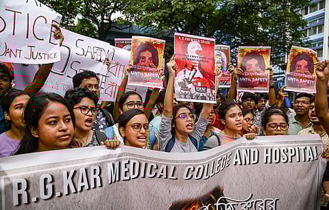 Junior doctors protest against the alleged rape and killing of a trainee doctor, at RG Kar Medical College and Hospital in Kolkata