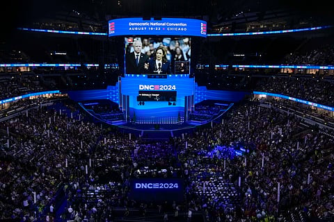 A video of Democratic presidential nominee Vice President Kamala Harris is seen on the scoreboard during the Democratic National Convention on Wednesday