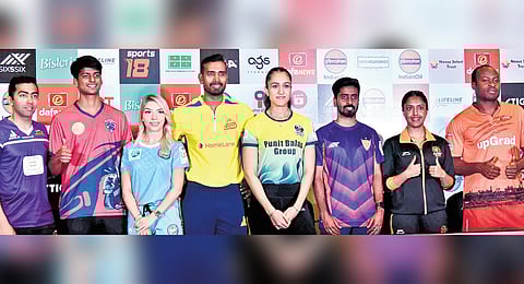 (From L) Harmeet Desai, Snehit SFR, Bernadete Szocs, A Sharath Kamal, Manika Batra, G Sathiyan, Ayhikha Mukherjee, and Quadri Aruna during the Ultimate Table Tennis 2024 pre-season press meet in Chennai on Wednesday
