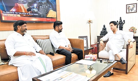 Chief Minister A Revanth Reddy and Deputy Chief Minister Mallu Bhatti Vikramarka call on Union Communications Minister Jyotiraditya Scindia in New Delhi on Friday