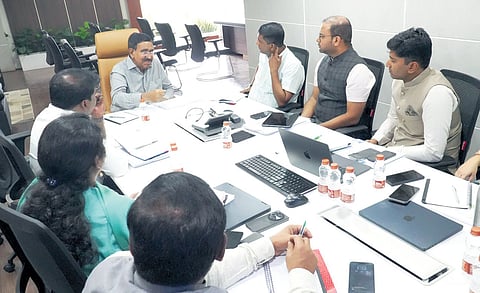 Municipal Administration and Urban Development Minister Ponguru Narayana during the meeting with Commissioners of Municipal Corporations