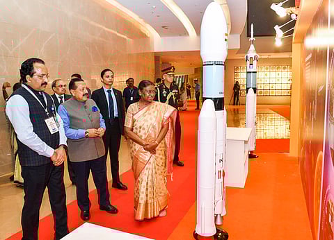 President Droupadi Murmu, Union Minister of State for Science and Technology Jitendra Singh, ISRO chief S Somanath and others during an event celebrating India's first National Space Day, in New Delhi.