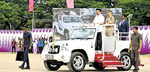 CM inspecting a parade during an event at Rajarathinam Stadium