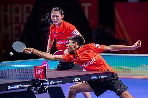 Manav Thakkar (R) won his singles and mixed doubles ties for U Mumba TT