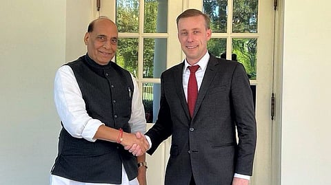 Defence Minister Rajnath Singh meets US National Security Advisor Jake Sullivan in Washington (Photo | PTI)