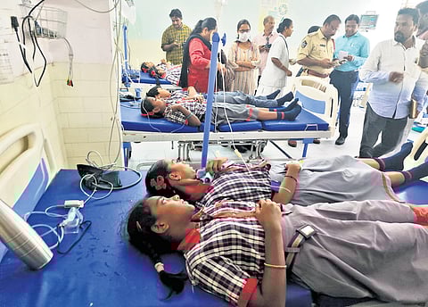 Kendriya Vidyalaya students receiving treatment at the Bapatla Government Area Hospital on Saturday after inhaling toxic fumes in the chemistry lab