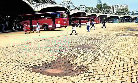 Many portions of the tiled bus bay stretches at the Vyttilla Mobility Hub have sunk, resulting in uneven surfaces and potholes throughout the facility