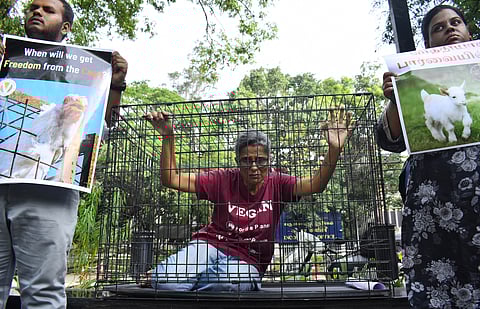 Animal rights activists showcased the protest by sitting in a cage to make people empathize with Animals in Coimbatore on Saturday evening.