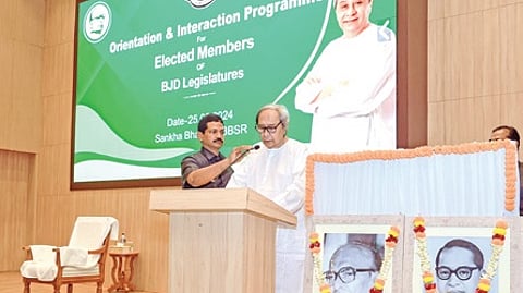 BJD president Naveen Patnaik addressing the MLAs at Sankha Bhawan, on Sunday