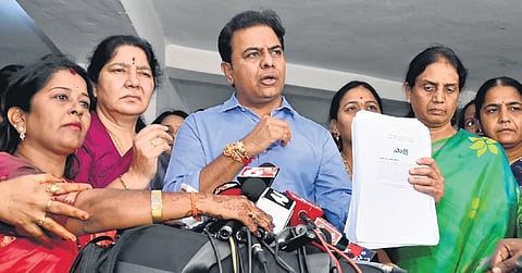 KT Rama Rao speaks after deposing before the Women’s Commission on Saturday