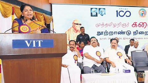 DMK MP Kanimozhi speaking at a function at VIT in Vellore on Monday