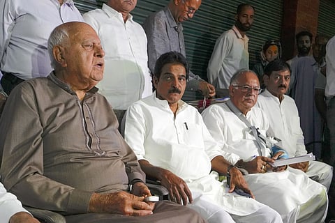 AICC General Secretary KC Venugopal with National Conference Chief Farooq Abdullah during a joint press conference of JKPCC and National Conference after a meeting, in Srinagar, Monday, Aug. 26, 2024.