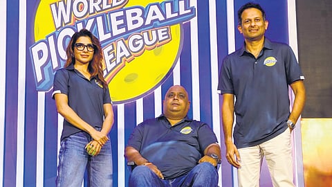 Team Chennai’s new owner Samantha Ruth Prabhu with World Pickleball League founder Gaurav Natekar and AIPA president Arvind Prabhoo