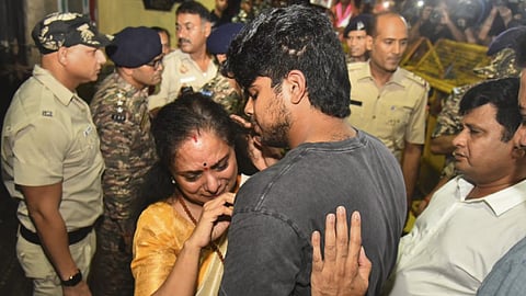 BRS leader K Kavitha gets emotional as she walks out of Tihar Jail after the Supreme Court granted her bail in the excise policy case, in New Delhi, Tuesday, Aug. 27, 2024.