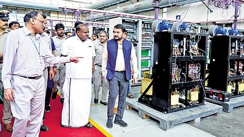 Union Minister for Heavy Industries and Steel HD Kumaraswamy looks at innovations and technologies at the BHEL facility in Bengaluru on Tuesday