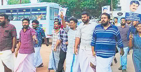 Youth Congress activists take out a protest march to Mukesh’s residence in Kollam on Wednesday demanding his resignation
