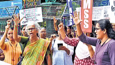 Members of All India Mahila Samskritik Sanghatan protest in front of the Secretariat on Tuesday demanding solutions to the atrocities and sexual exploitation faced by women in the Malayalam film industry