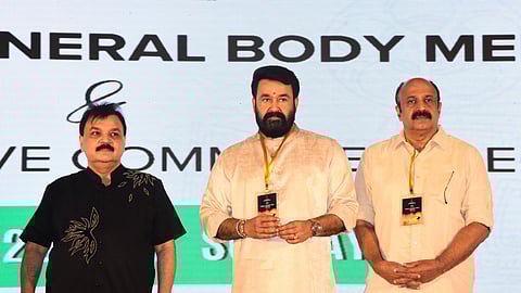 AMMA president Mohanlal and former general secretary Siddique at the annual general body meeting of the association in Kochi.