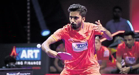 Dabang Delhi player Sathiyan G in action against Goa Challengers player Mihai Bobocica in the Ultimate Table Tennis 2024 in Chennai