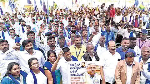 Karnataka Ahinda Sanghatanegala Okkoota members observe a “Congress Hatao, Dalit Bachao” protest at Freedom Park in Bengaluru