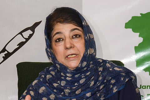 Peoples Democratic Party (PDP) President Mehbooba Mufti addresses a press conference, at party headquarters in Srinagar, Wednesday, Aug. 28, 2024.