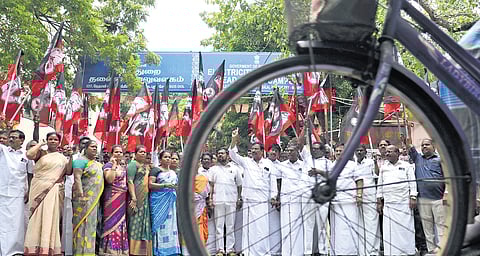 AIADMK cadre staging a protest on Wednesday in front of the head office of the Electricity Department condemning the tariff hike