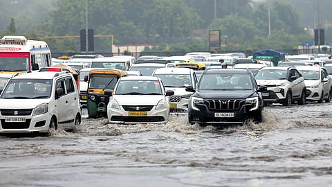 Waterlogging near Dhaula Kuan after rain in New Delhi on Thursday