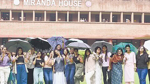Freshers posing for a group photo on the first day of college on Thursday