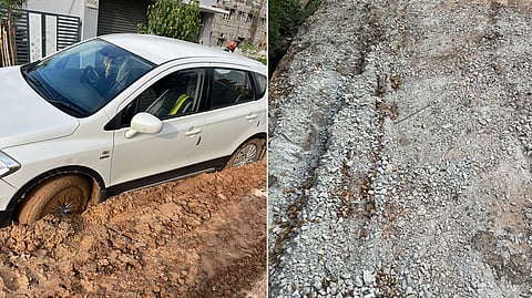 A car stuck on the muddy road inside BDA’s Arkavathy Layout 19th Block during the rain last week; (Right) residents use jelly stones to repair the road.