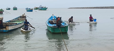 A fisherman catching octopus by sitting on a thermocol float off the Vembar coast.